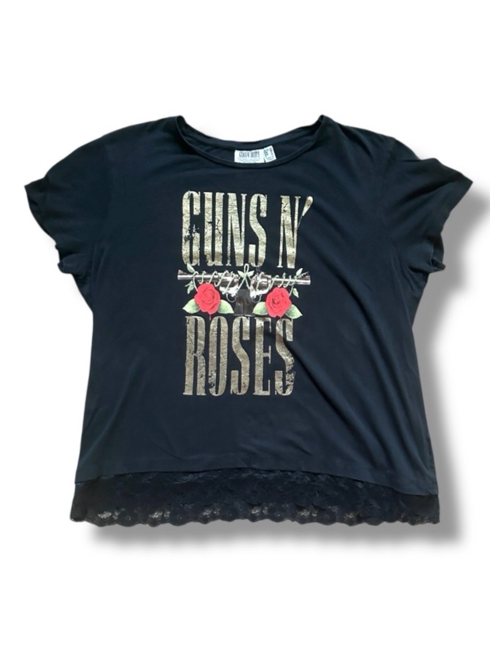 Guns N Roses Black Vintage Style Band Tee Lace Trim Women’s Size Large/XL Rock